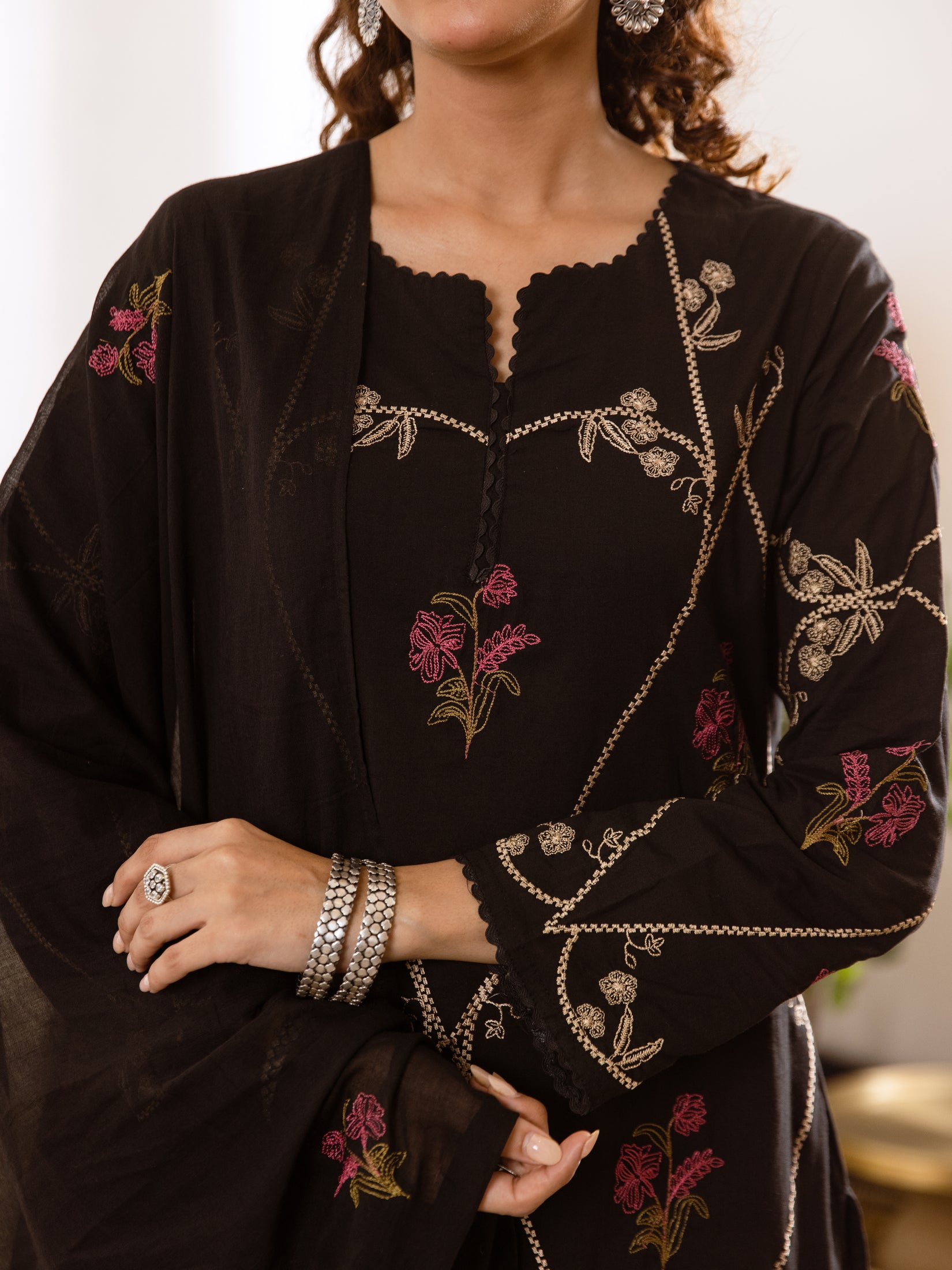 Women's Embroidered Cotton Kurta Dupatta Set