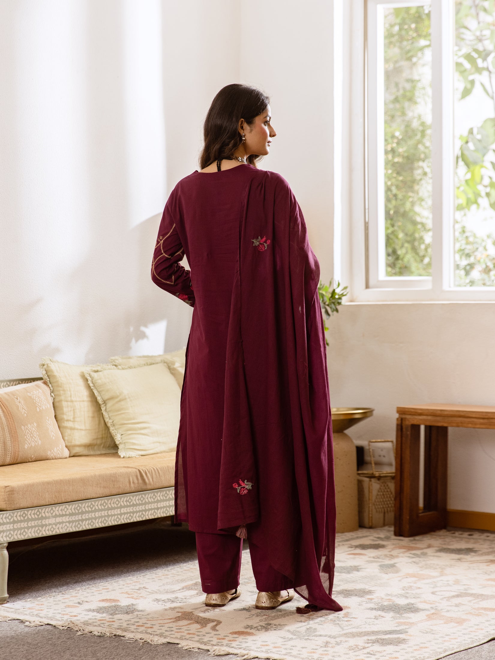 Embroidered Cotton Kurta Set with Pants & Dupatta