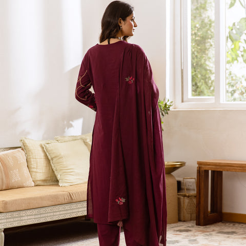 Embroidered Cotton Kurta Set with Pants & Dupatta