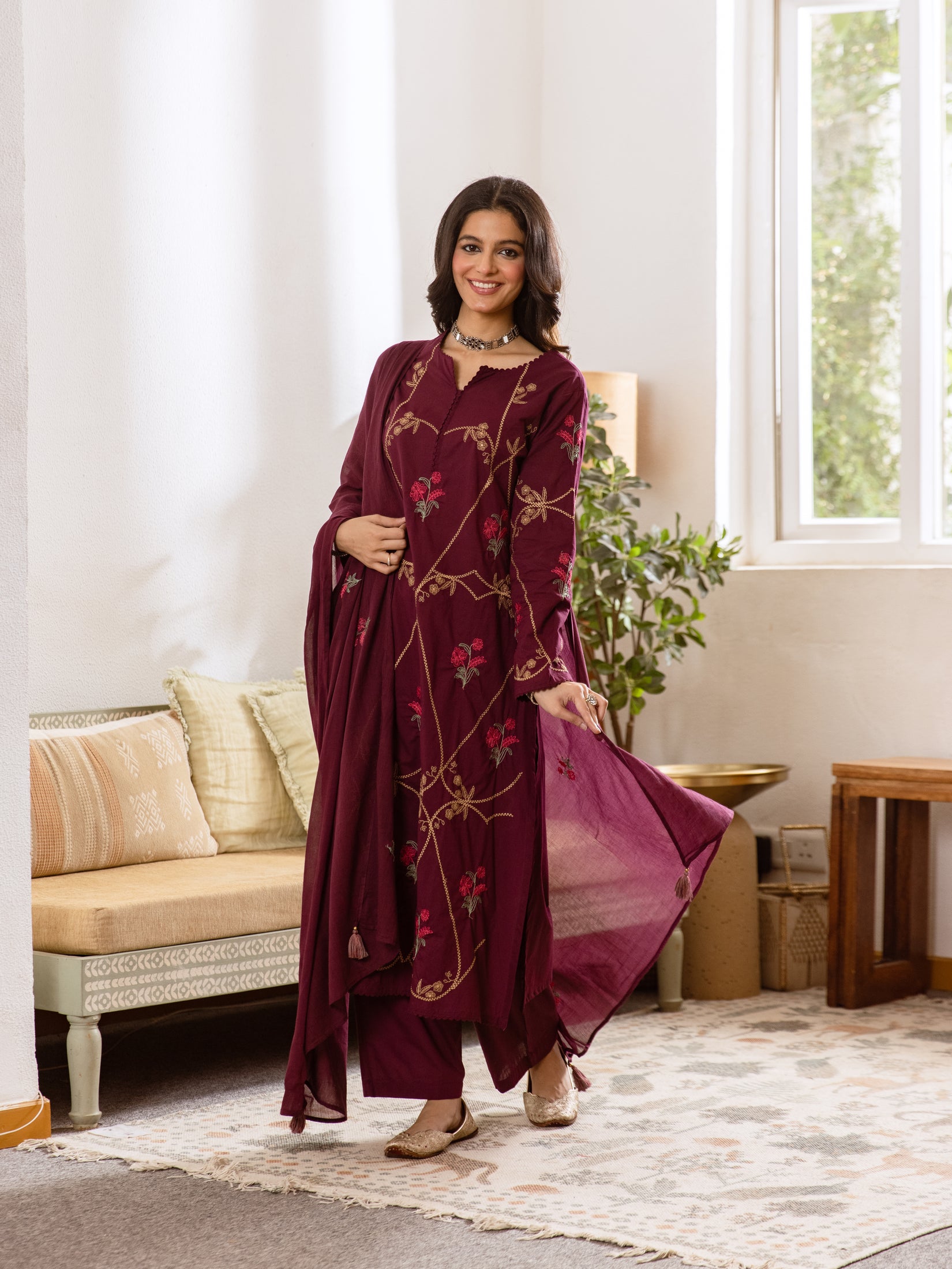 Women's Embroidered Cotton Kurta Dupatta Set