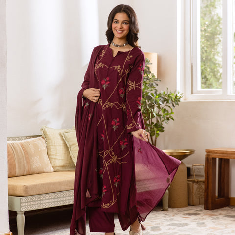 Women's Embroidered Cotton Kurta Dupatta Set