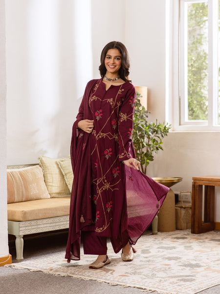 Embroidered Cotton Kurta Set with Pants & Dupatta