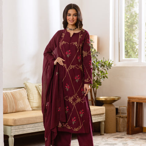 Women's Embroidered Cotton Kurta Dupatta Set