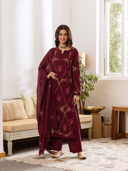 Embroidered Cotton Kurta Set with Pants & Dupatta