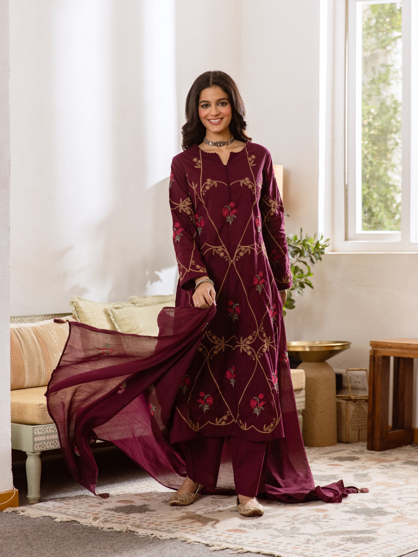 Women's Embroidered Cotton Kurta Dupatta Set