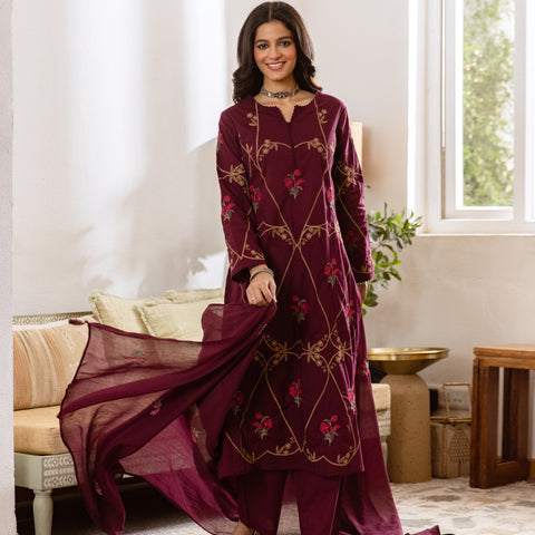 Women's Embroidered Cotton Kurta Dupatta Set