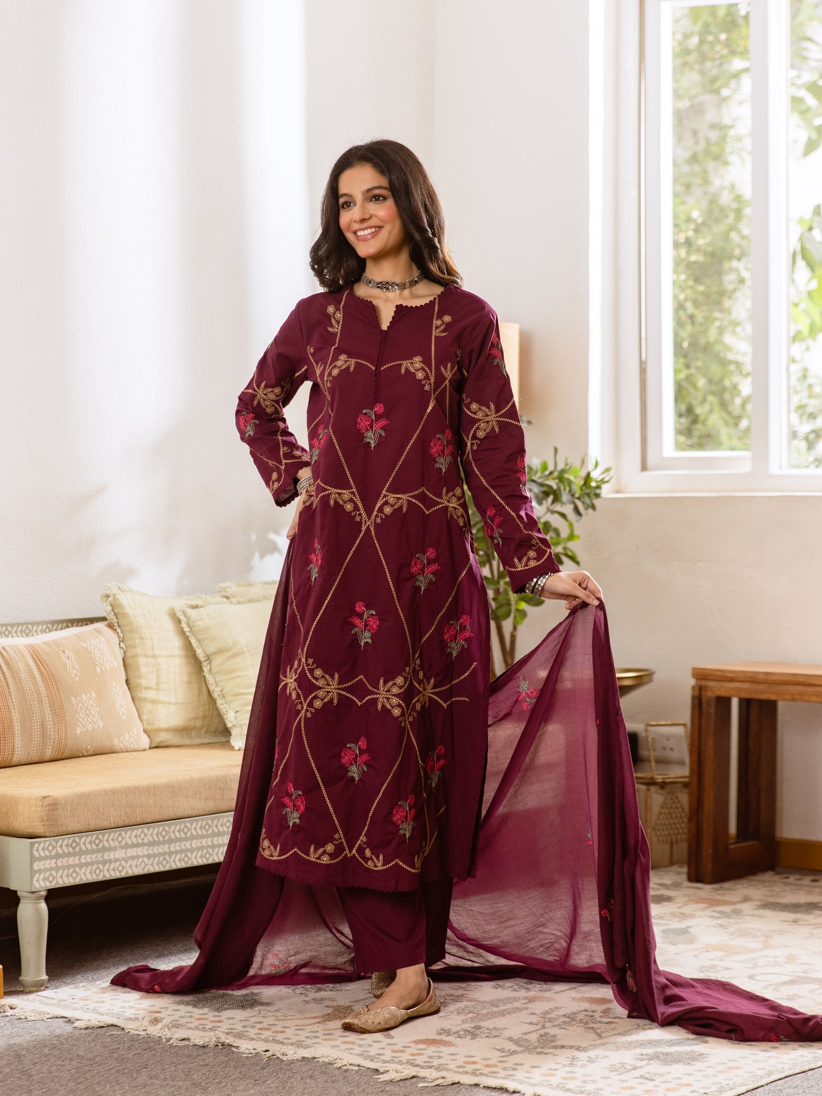 Embroidered Cotton Kurta Set with Pants & Dupatta