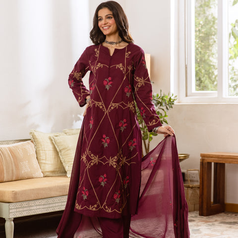 Embroidered Cotton Kurta Set with Pants & Dupatta
