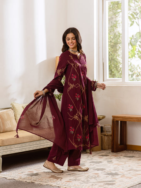 Embroidered Cotton Kurta Set with Pants & Dupatta