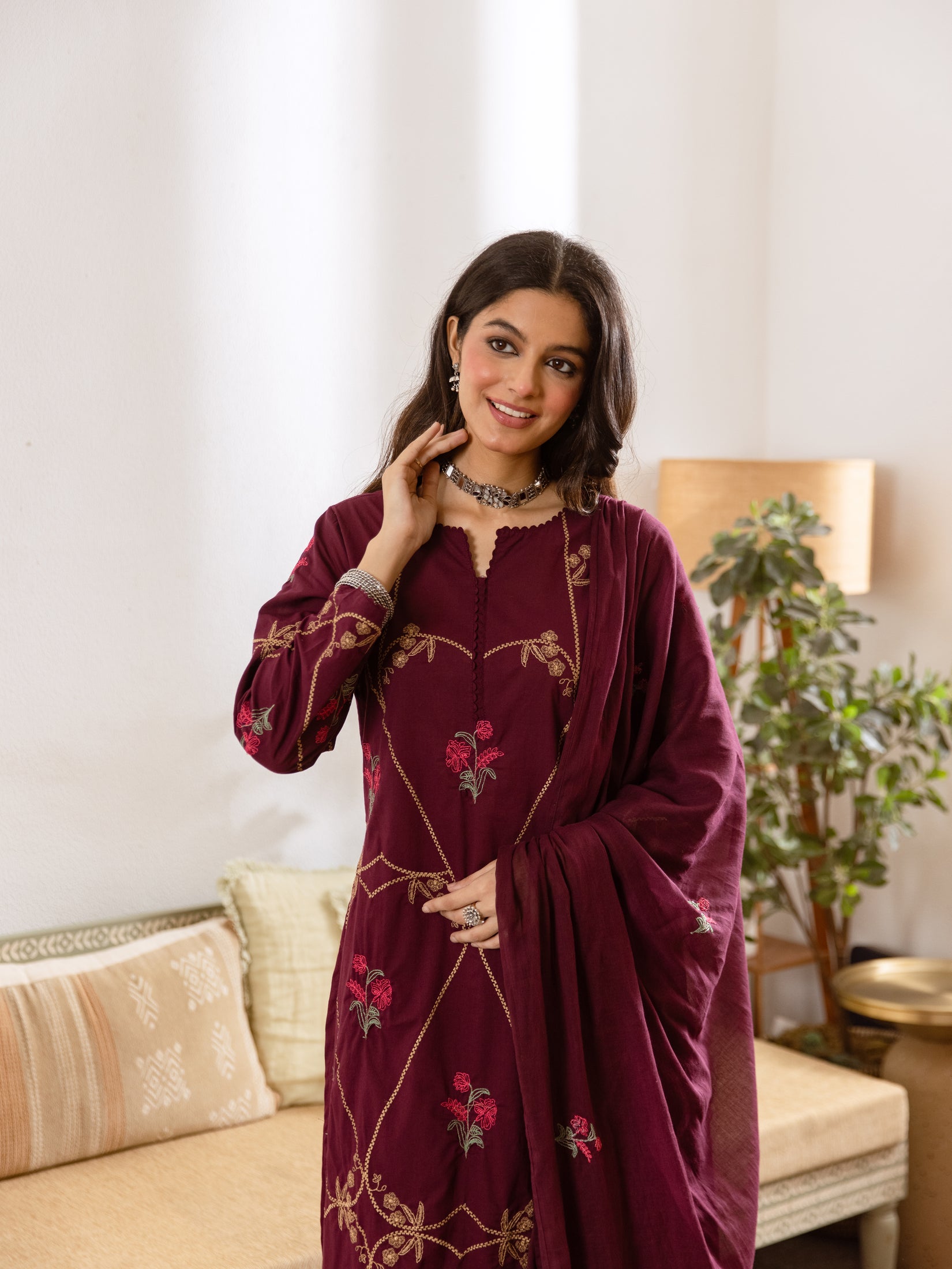 Embroidered Cotton Kurta Set with Pants & Dupatta