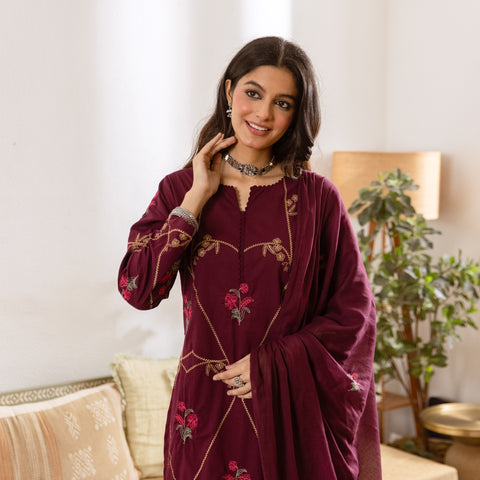 Embroidered Cotton Kurta Set with Pants & Dupatta