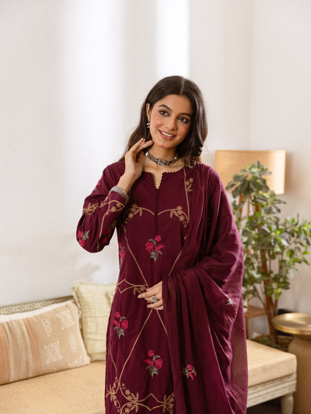 Embroidered Cotton Kurta Set with Pants & Dupatta