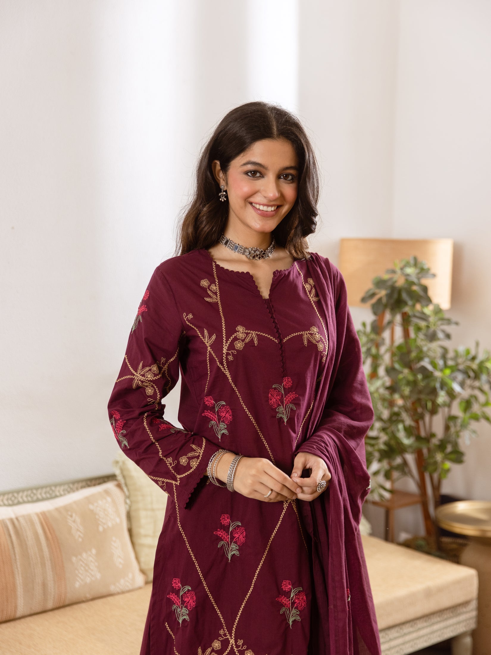 Embroidered Cotton Kurta Set with Pants & Dupatta