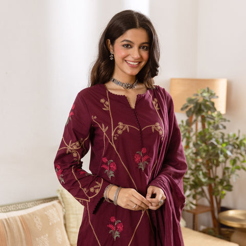 Embroidered Cotton Kurta Set with Pants & Dupatta