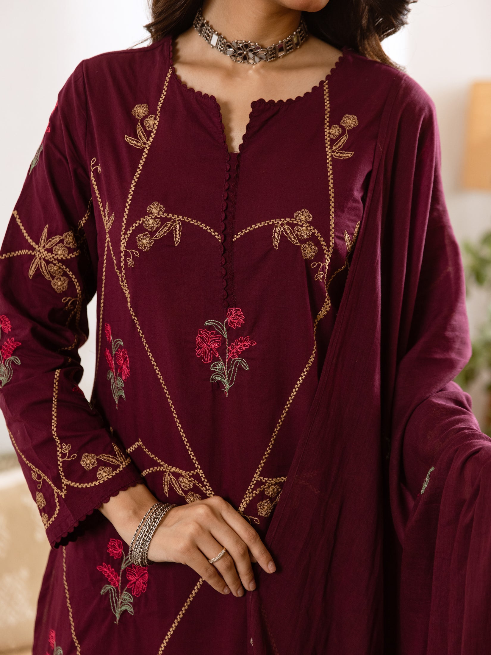 Women's Embroidered Cotton Kurta Dupatta Set