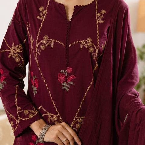 Women's Embroidered Cotton Kurta Dupatta Set