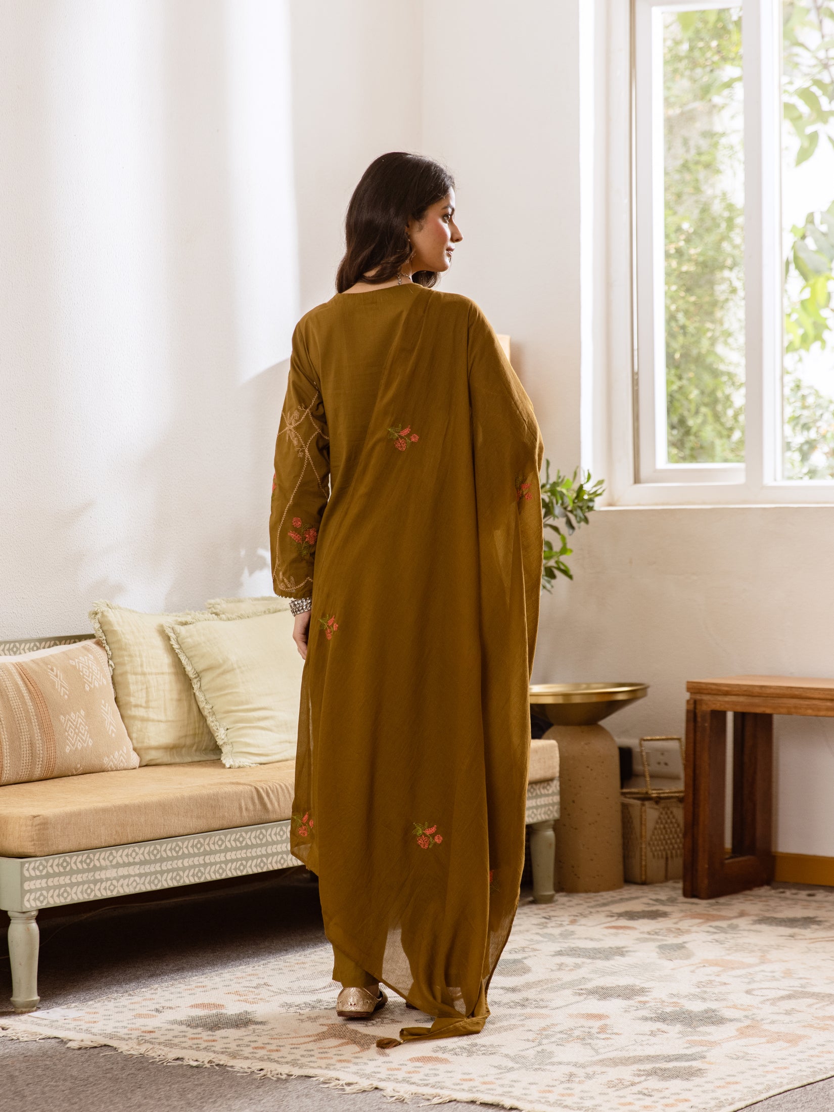 Embroidered Cotton Kurta Set with Pants & Dupatta