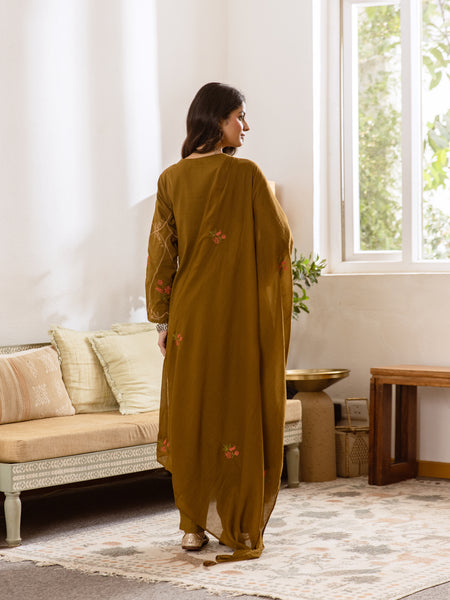 Embroidered Cotton Kurta Set with Pants & Dupatta