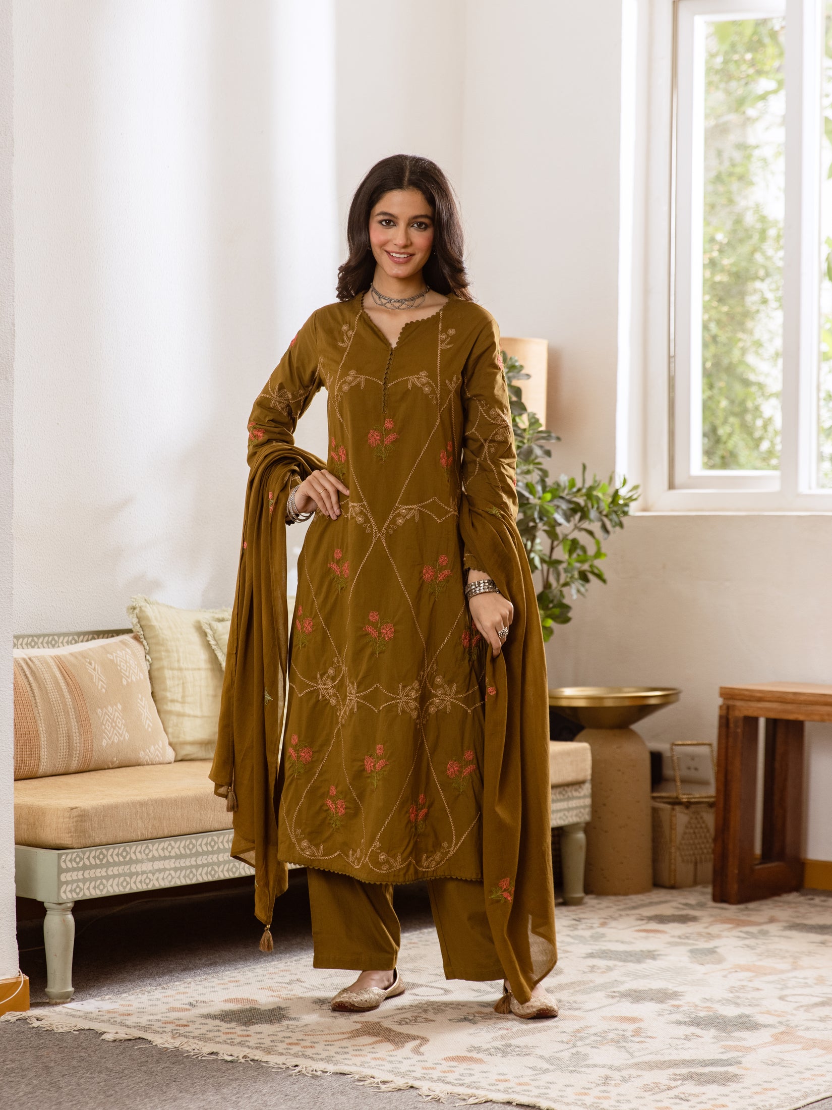 Embroidered Cotton Kurta Set with Pants & Dupatta