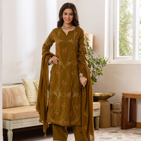 Embroidered Cotton Kurta Set with Pants & Dupatta