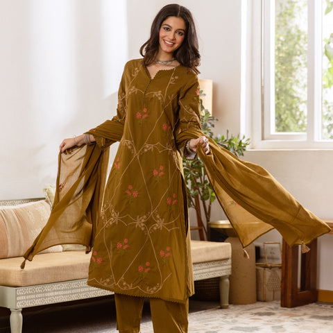 Embroidered Cotton Kurta Set with Pants & Dupatta