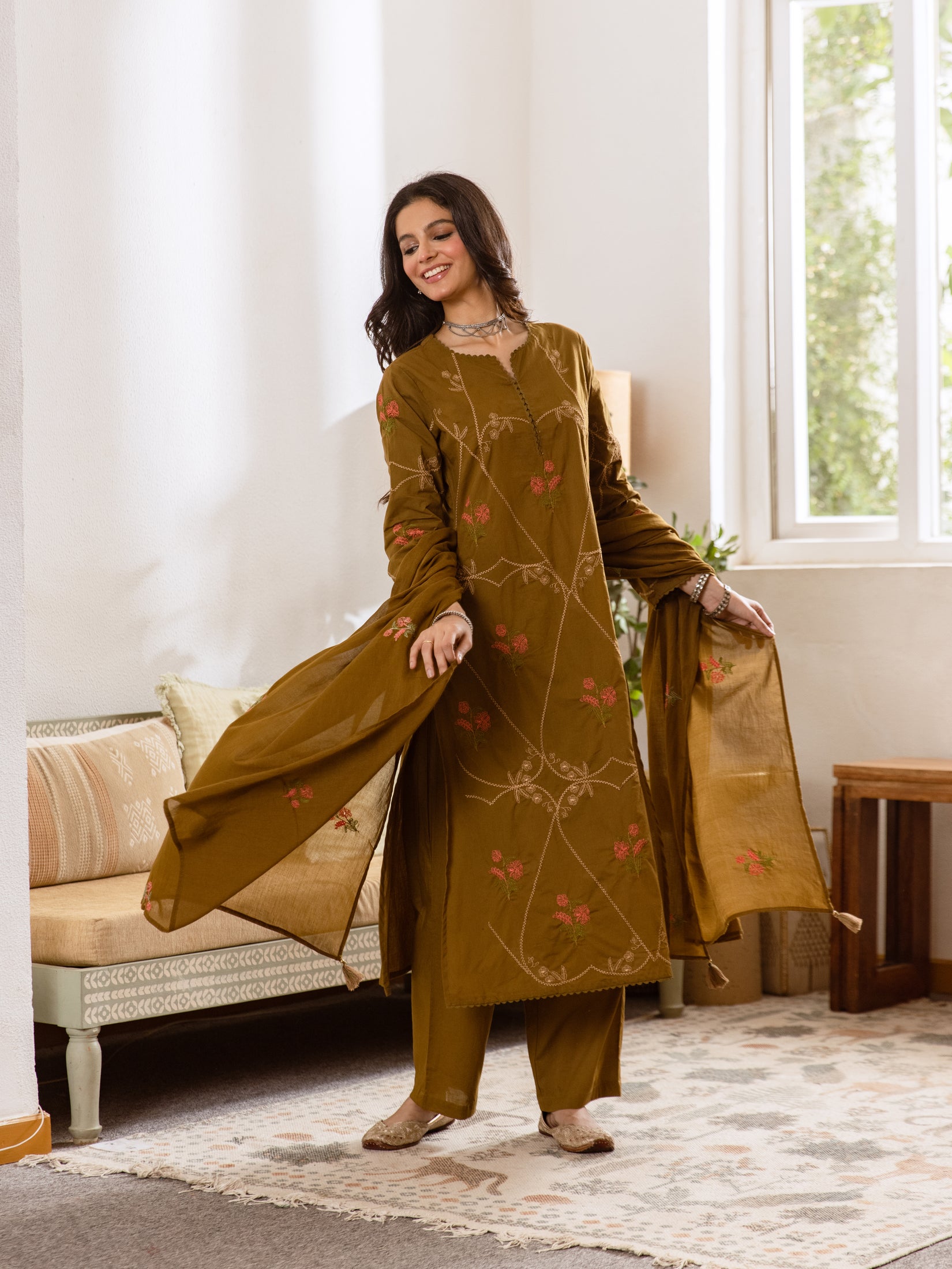 Embroidered Cotton Kurta Set with Pants & Dupatta