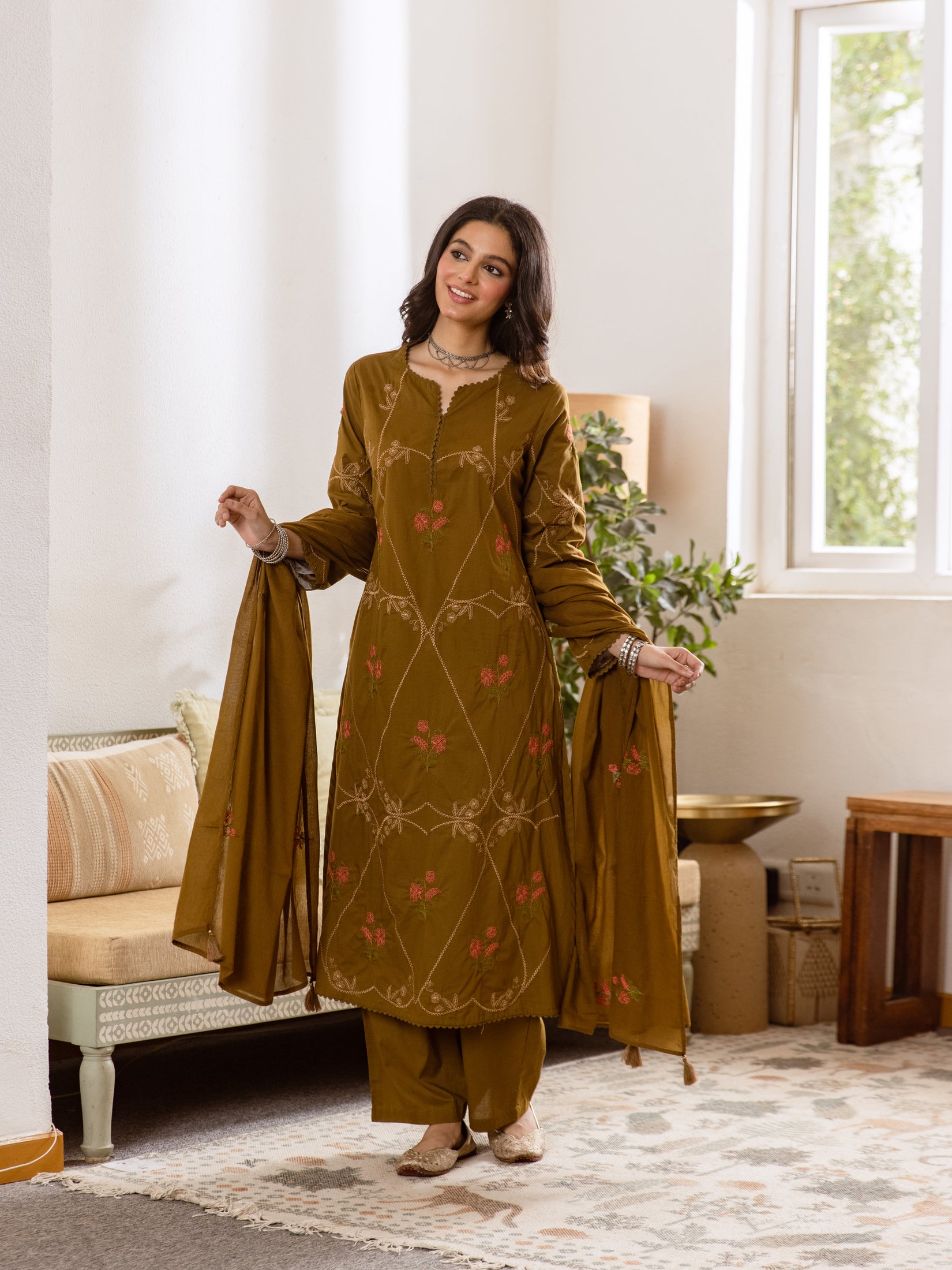 Embroidered Cotton Kurta Set with Pants & Dupatta