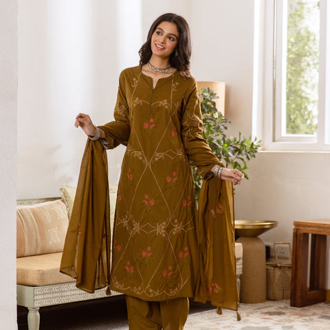 Embroidered Cotton Kurta Set with Pants & Dupatta