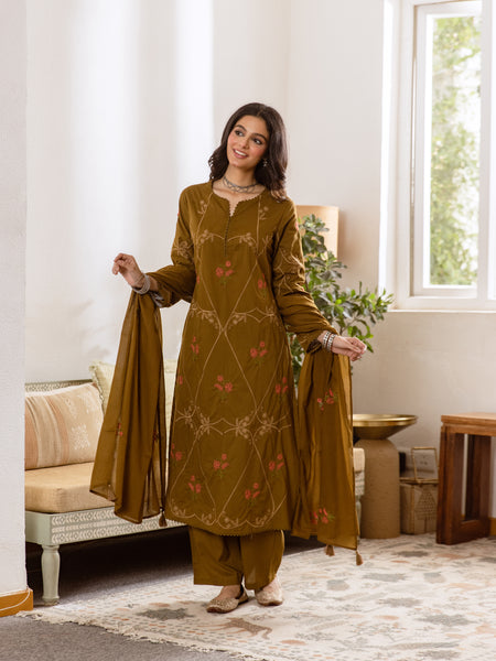 Embroidered Cotton Kurta Set with Pants & Dupatta