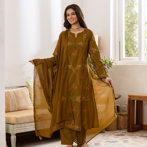 Embroidered Cotton Kurta Set with Pants & Dupatta