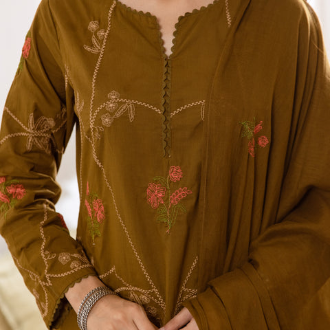 Embroidered Cotton Kurta Set with Pants & Dupatta