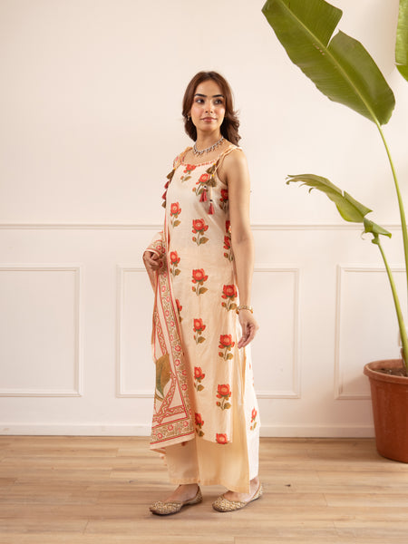 Floral Printed Cotton Kurta Set with Dupatta