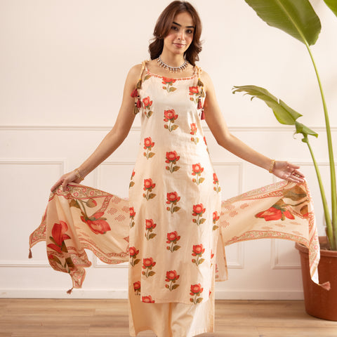 Floral Printed Cotton Kurta Set with Dupatta