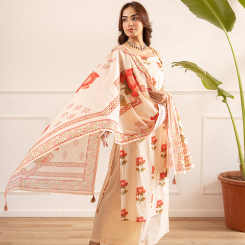 Floral Printed Cotton Kurta Set with Dupatta