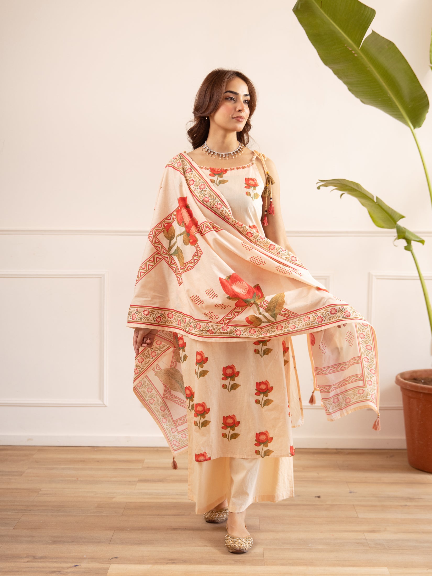 Floral Printed Cotton Kurta Set with Dupatta