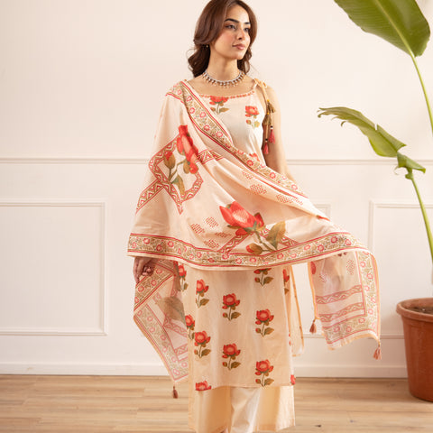 Floral Printed Cotton Kurta Set with Dupatta