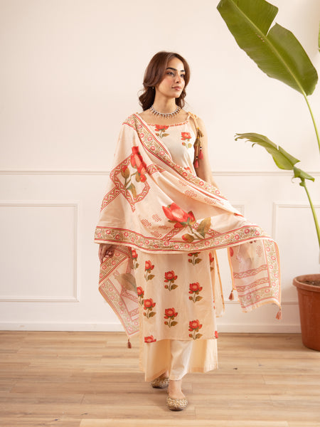 Floral Printed Cotton Kurta Set with Dupatta