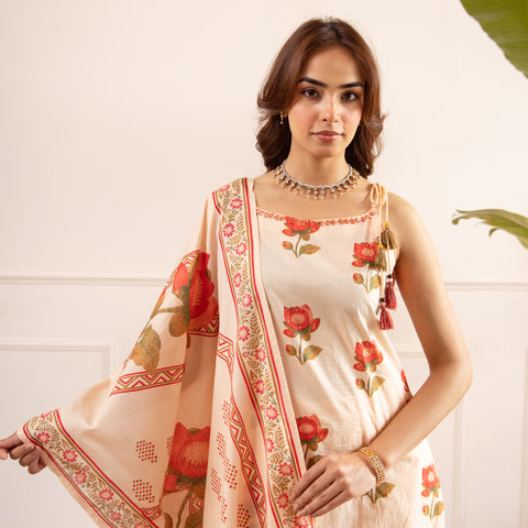 Floral Printed Cotton Kurta Set with Dupatta