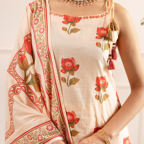 Floral Printed Cotton Kurta Set with Dupatta