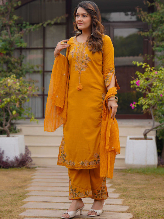 Ebbani Women’s Cotton Embroidered Musturd Kurta Set with Dupatta