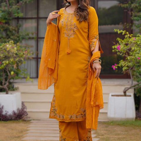 Ebbani Women’s Cotton Embroidered Musturd Kurta Set with Dupatta