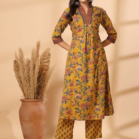 Ebbani Women’s Cotton Floral Yellow Kurta Set with Dupatta