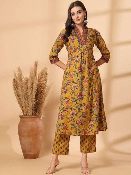 Ebbani Women’s Cotton Floral Yellow Kurta Set with Dupatta