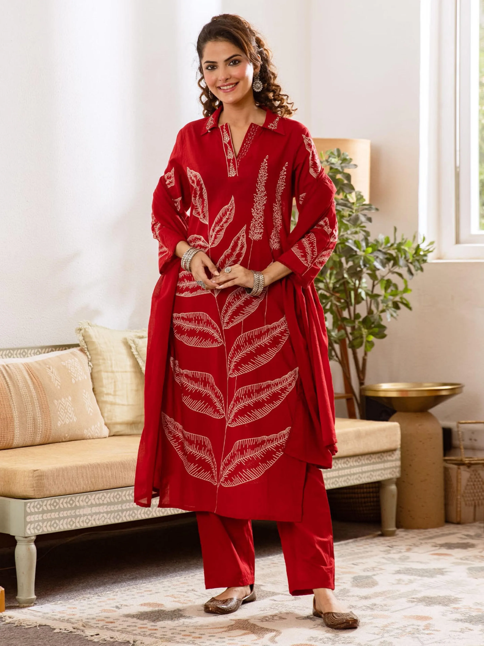 Embroidered Kurta with Trousers With Dupatta