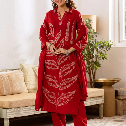 Embroidered Kurta with Trousers With Dupatta
