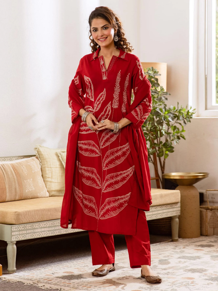 Embroidered Kurta with Trousers With Dupatta