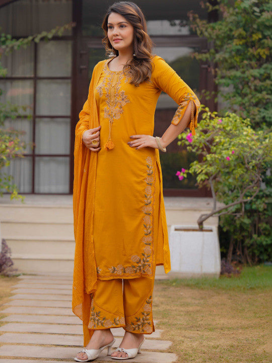 Ebbani Women’s Cotton Embroidered Musturd Kurta Set with Dupatta