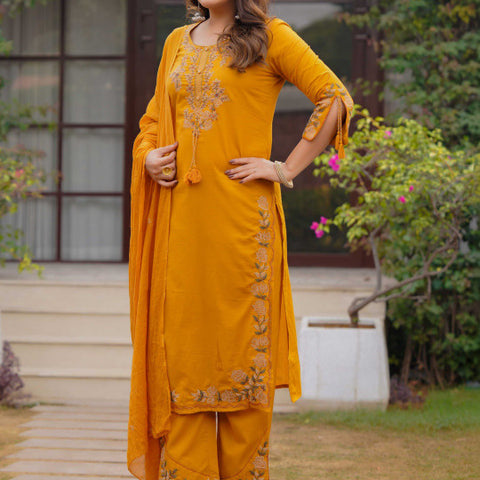 Ebbani Women’s Cotton Embroidered Musturd Kurta Set with Dupatta