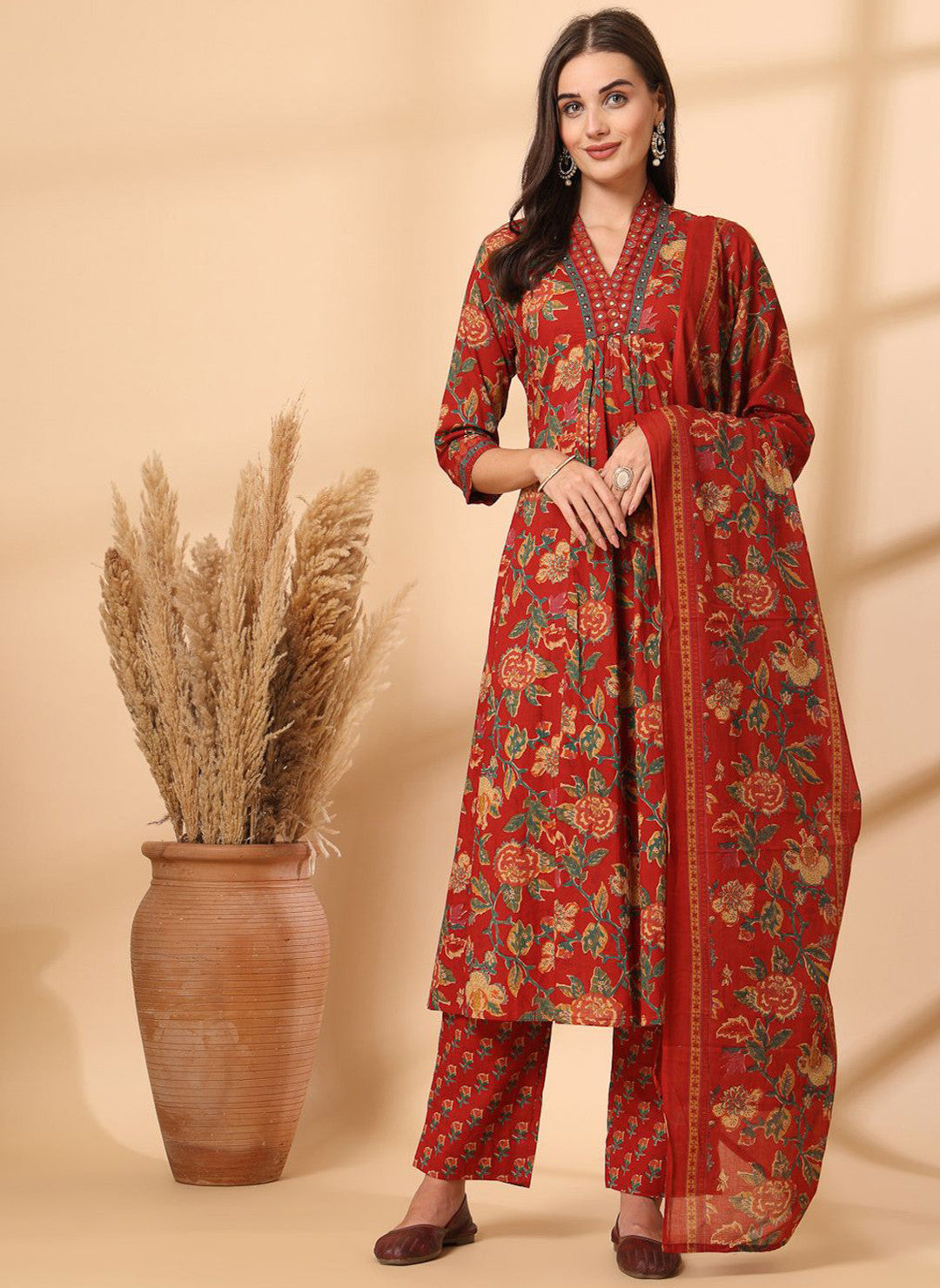 Ebbani Women’s Cotton Floral Red Kurta Set with Dupatta