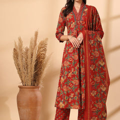 Ebbani Women’s Cotton Floral Red Kurta Set with Dupatta
